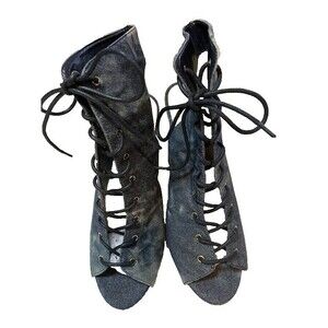 Liliana Funky Grunge Distressed Denim Lace Up Open Toe/Back 4" Heels Sz 9*READ